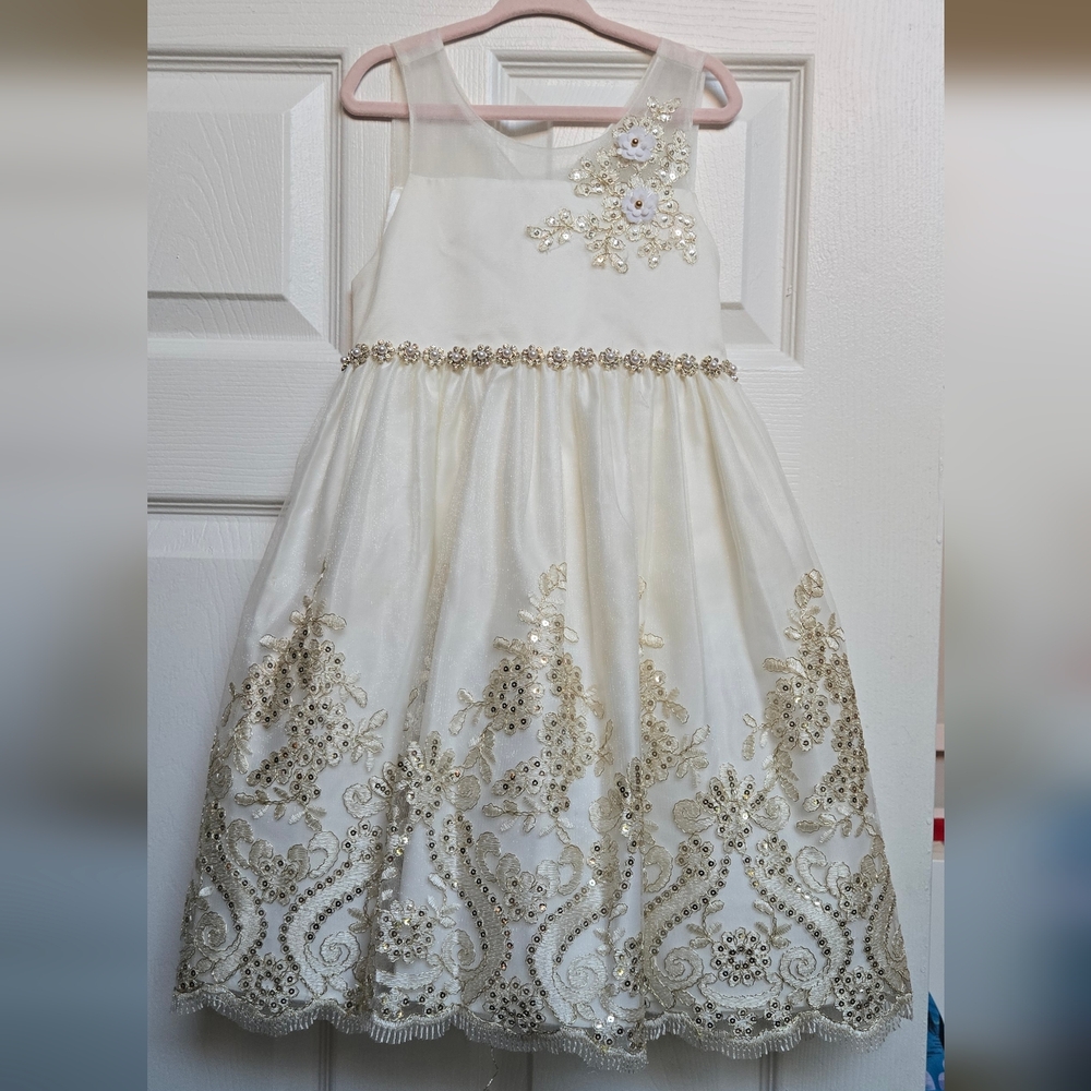 American Princess Ivory and Gold Embellished Flower Girl Dress